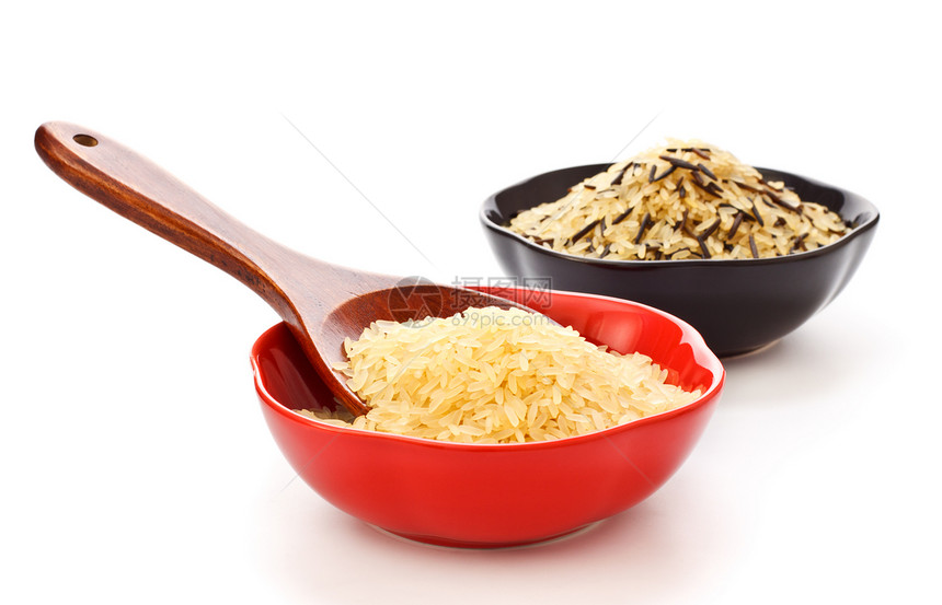 原始稻米碗勺子陶瓷照片健康午餐陶器主食饮食纤维制品图片