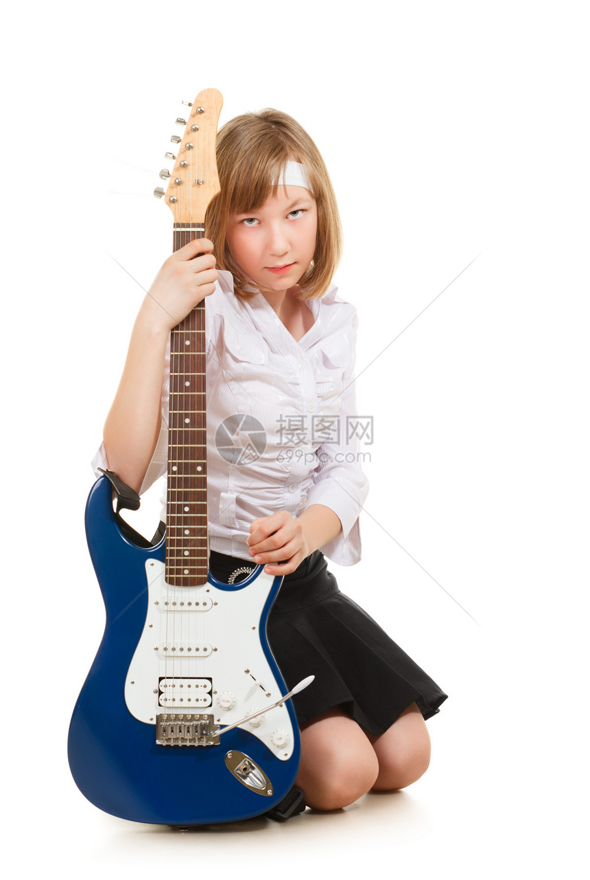 少女摇滚星快乐乐趣乐器女性幸福喜悦冒充蓝色童年吉他手图片