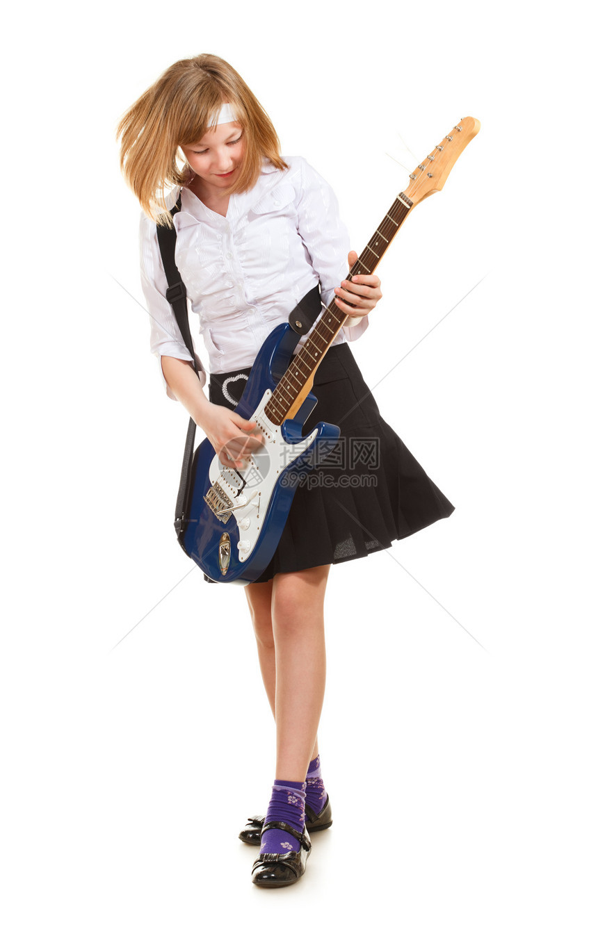 少女摇滚星蓝色女孩音乐乐器金发裙子假发乐趣快乐喜悦图片