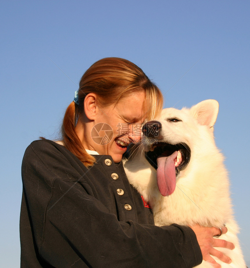 瑞士牧羊人和妇女牧羊人天空微笑动物宠物文化牧羊犬蓝色白色女士图片
