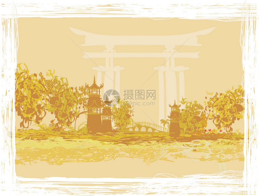 旧亚洲风貌纸插图文化日落寺庙建筑植物花瓣天空樱花宝塔图片