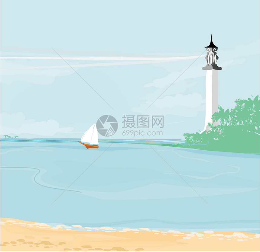 从一个小海滩上看见的灯塔石头涂鸦天空海岸线岩石港口海岸波浪指导阳光图片