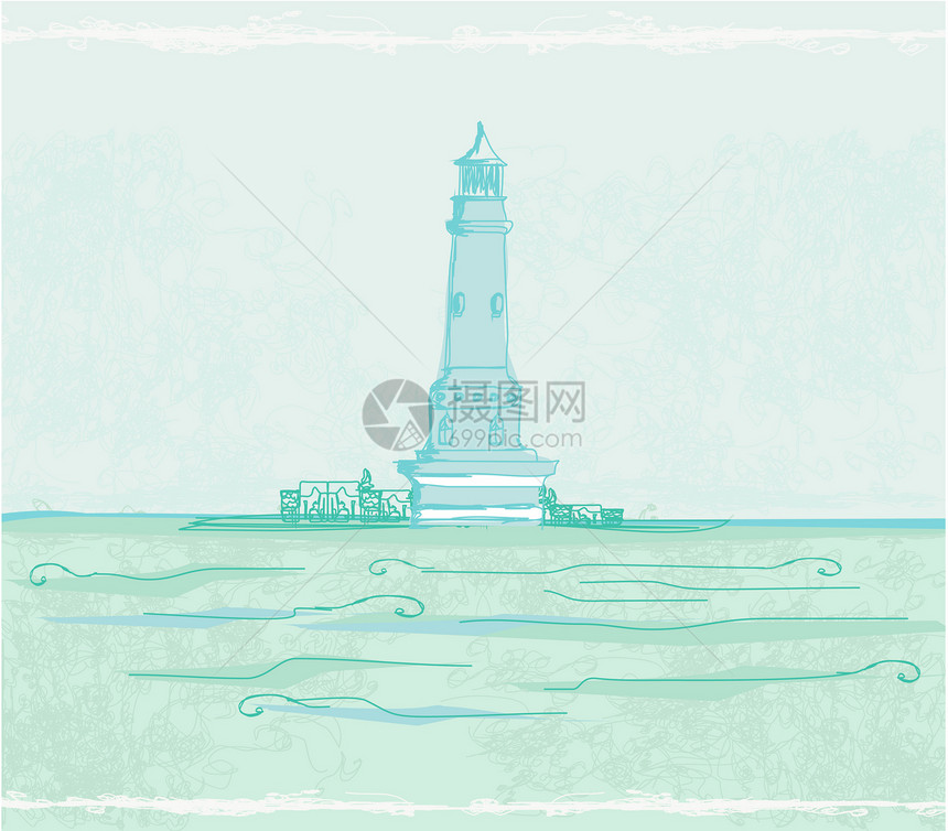 从一个小海滩上看见的灯塔房子旅行港口指导蓝色岩石假期导航石头光束图片
