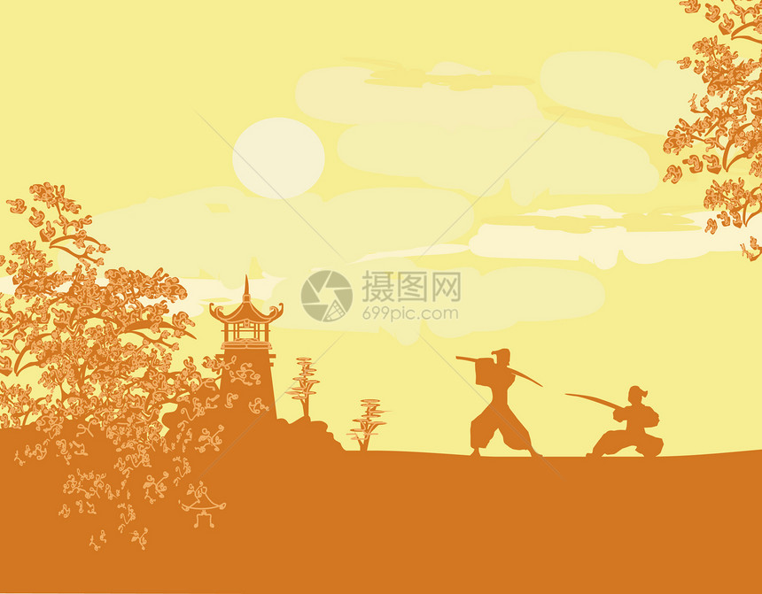 亚洲风景中的Samurai 光影身影文化宝塔植物插图日落花朵寺庙武士建筑太阳图片