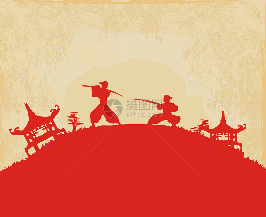亚洲风景中的Samurai 光影身影寺庙宝塔武士建筑樱花花朵太阳忍者插图花瓣图片