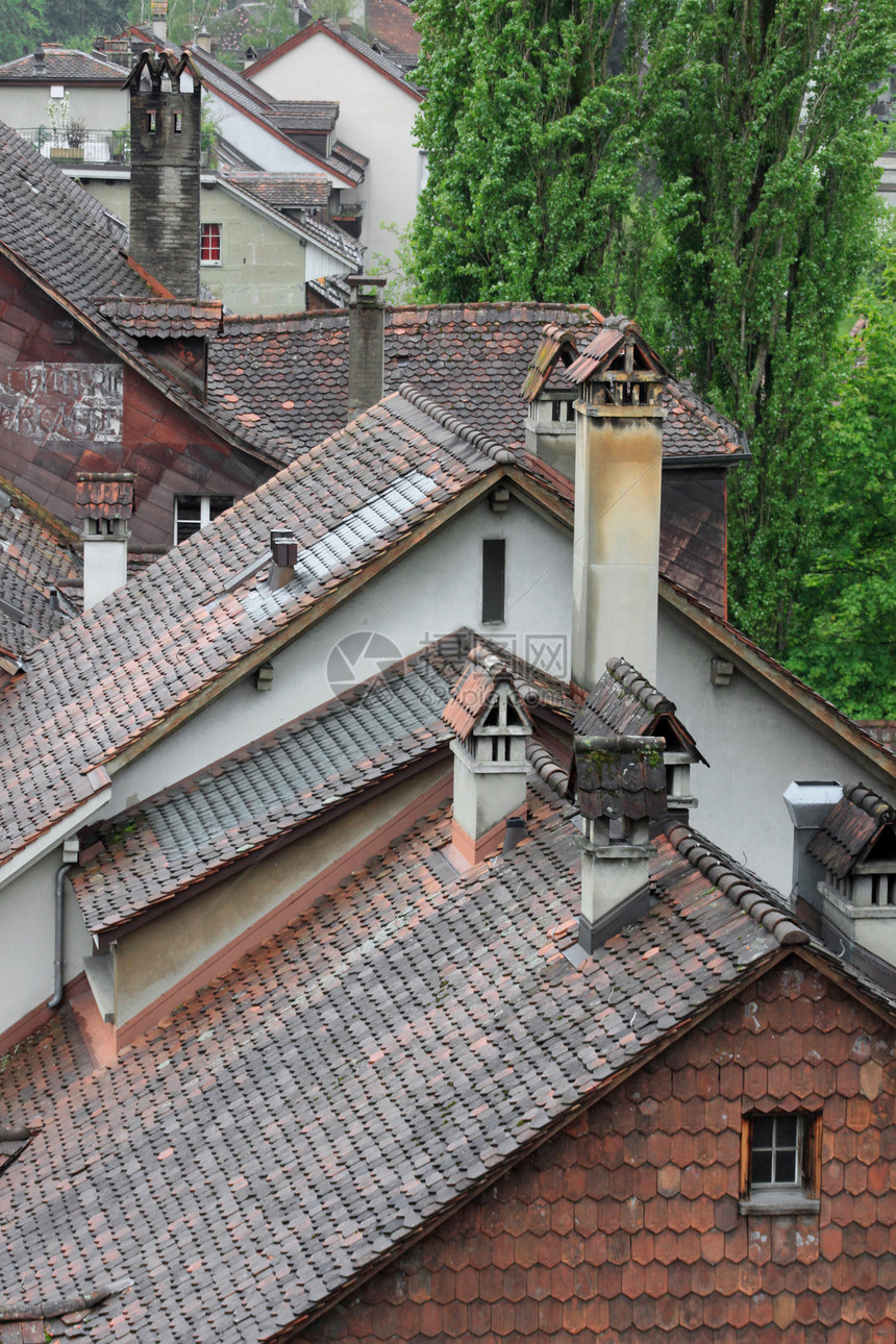 中世纪城市房子屋顶的瓷砖烟道制品陶瓷红色草地建筑阁楼天空绿色窗户图片