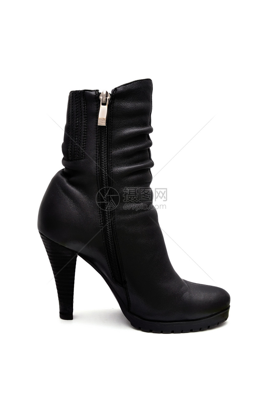 妇女靴子皮革衣服高跟鞋拉链黑色图片