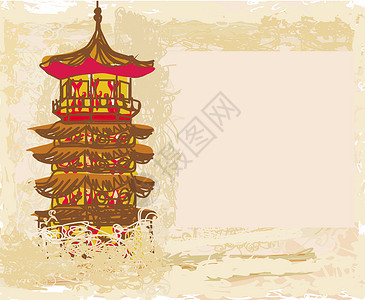 旧亚洲风貌纸植物花朵宝塔日落樱花天空花瓣插图文化寺庙背景图片