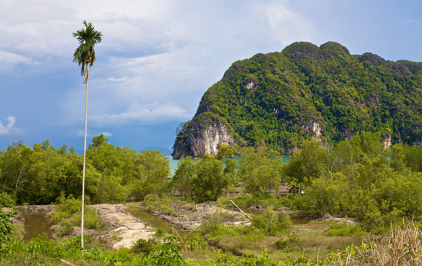 小兰达岛晴天热带假期孤独天堂蓝色岩石棕榈支撑场地图片