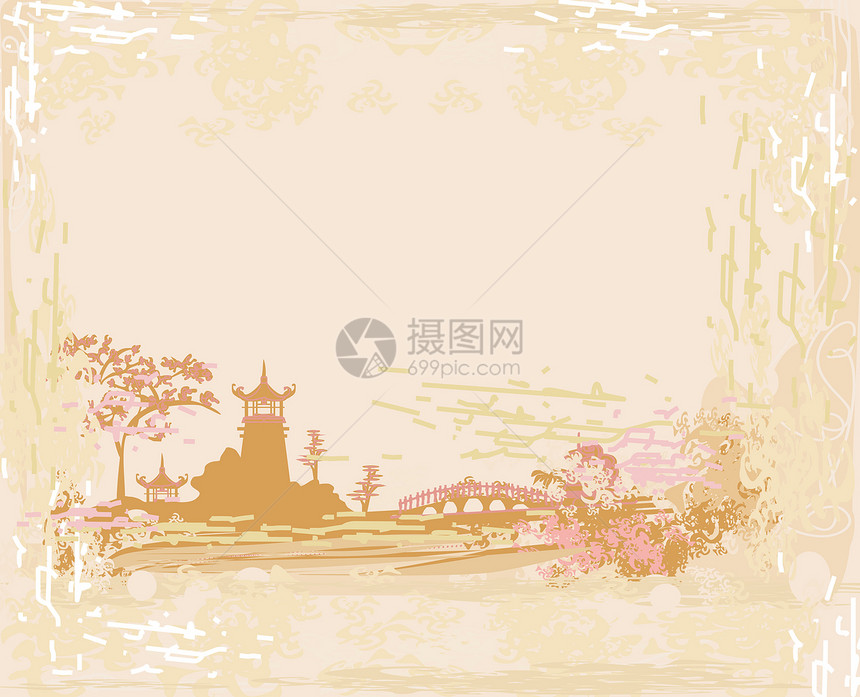 旧亚洲风貌纸花瓣樱花日落宝塔花朵建筑文化寺庙插图天空图片