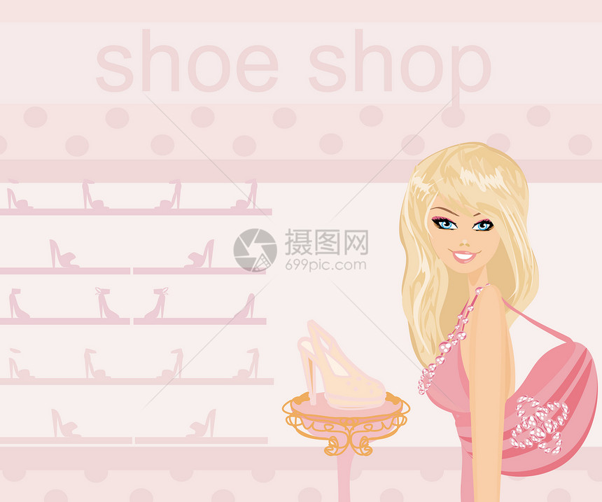 鞋店的时装女孩购物展示架子零售女士身体卡通片奢华靴子头发数字图片
