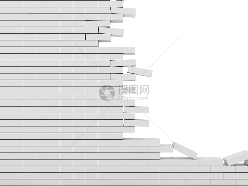 被白背景孤立的破碎砖墙图片