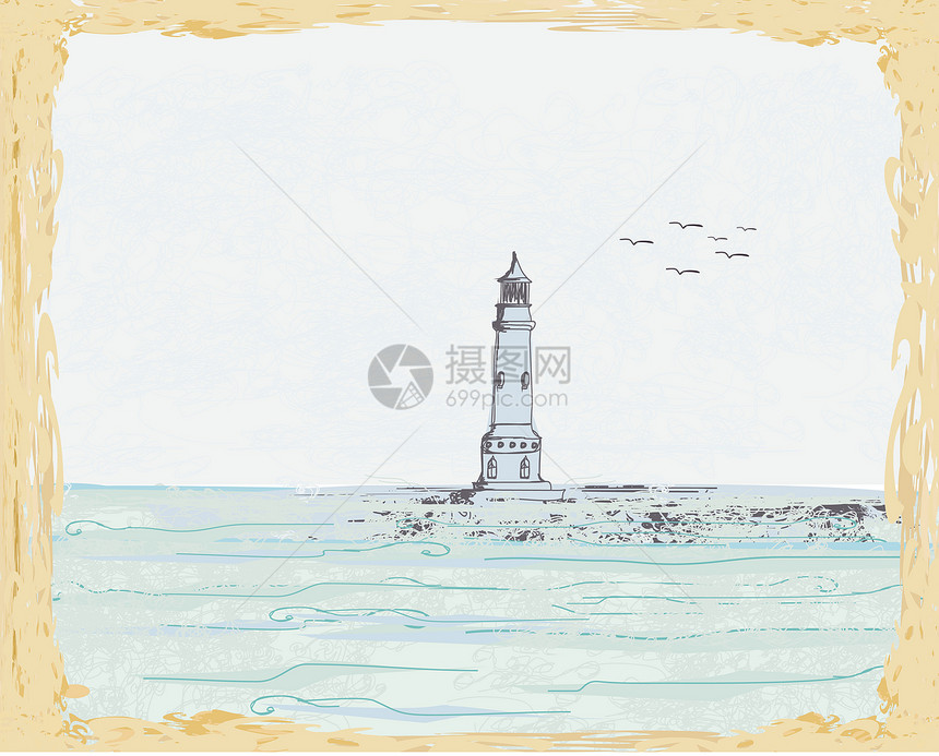从一个小海滩上看见的灯塔航行涂鸦假期旅行导航海岸海岸线天空石头岩石图片