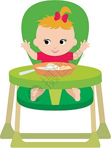 木质高脚椅孩子吃东西盘子微笑维生素勺子菜单女孩吃饭午餐幸福婴儿插画