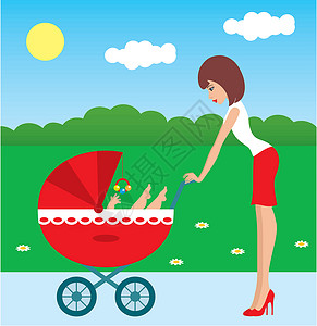 母亲推婴儿车背影母亲与孩子一起在马车上行走插画