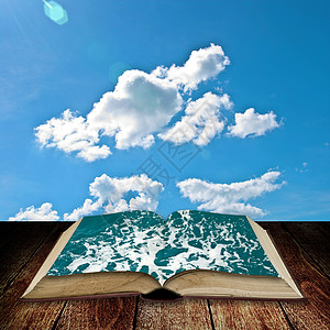 向海洋开放书书架假期天空图书海浪蓝色气泡学习旅游旅行背景图片