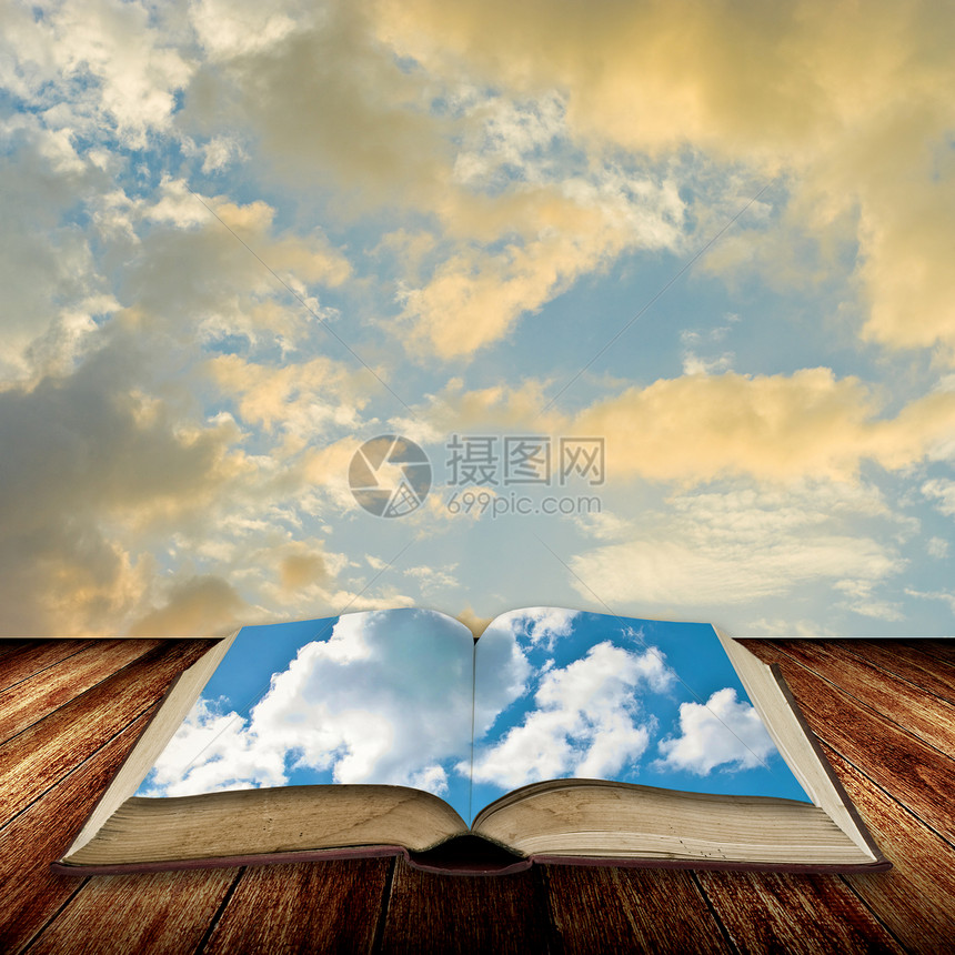 向蓝天打开书本桌子阅读图书馆天空空气蓝色教育图书教训知识图片