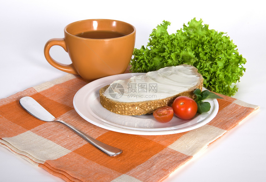 静物饮料餐具蔬菜沙拉早餐盘子黄油剂量牙齿熟食图片