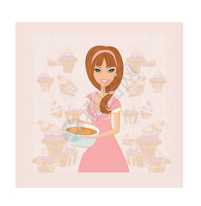 喝录豆汤女孩美丽的女士烹饪蛋糕女孩主妇鞭子液体衣服面团家庭裙子午餐勺子设计图片