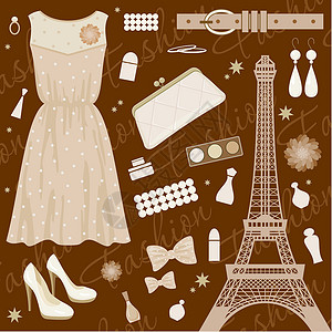 巴黎时装集腰带魅力高跟鞋设计师绘画香水女性衣服裙子戒指插画