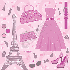 巴黎时装集耳环设计师时装女性高跟鞋绘画紫丁香魅力衣服香水插画