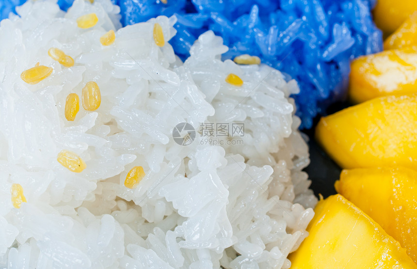 甜米饭吃 芒果紧闭创意食物黄色紫色白色糯米甜点水果文化食品图片
