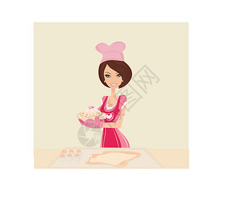 做蛋糕女人美丽的家庭主妇做蛋糕厨师女孩衣服快乐烹饪房子裙子鞭子围裙液体插画