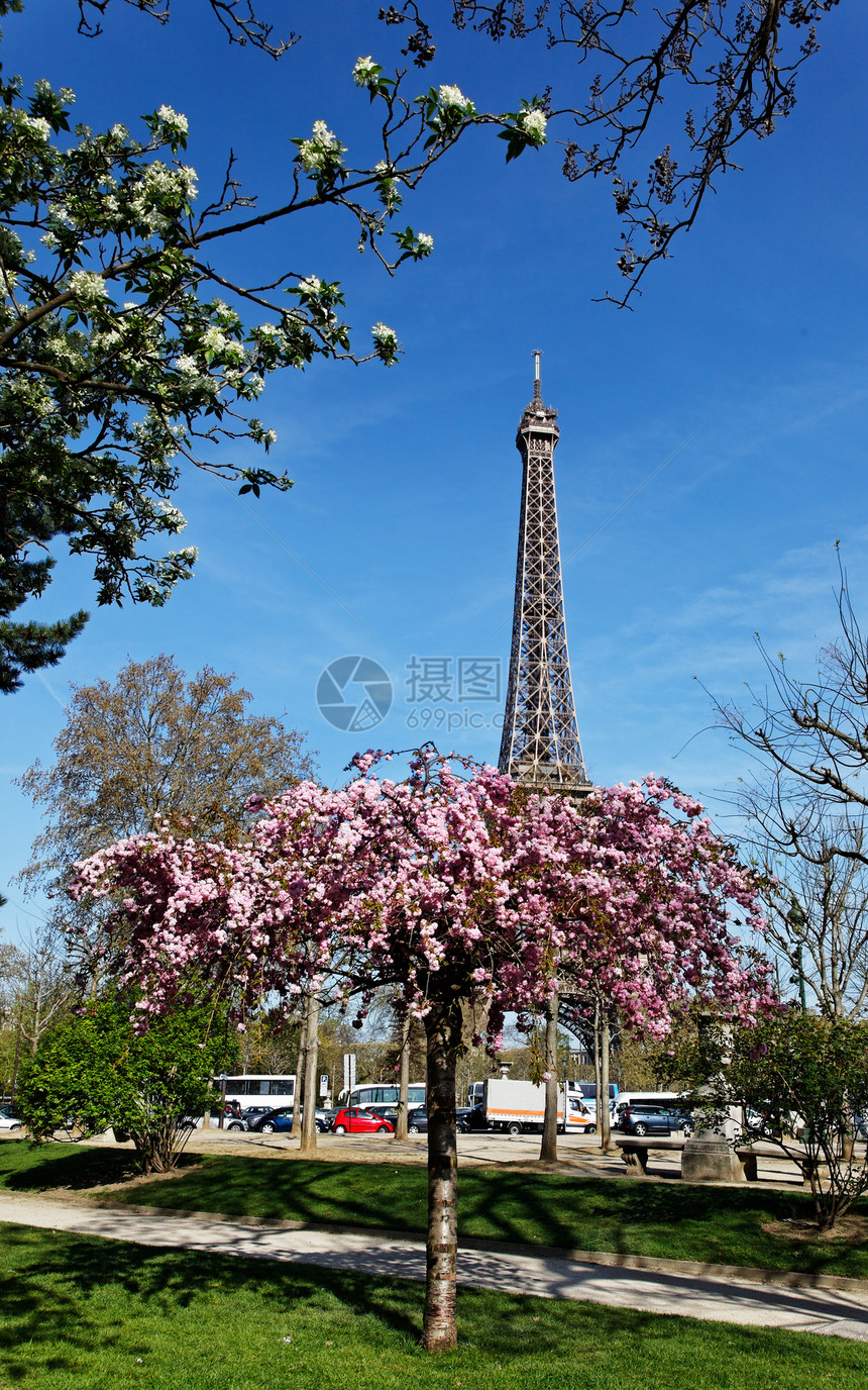 巴黎春天战神胡同观光地标人行道旅游景观纪念碑铁塔长凳图片