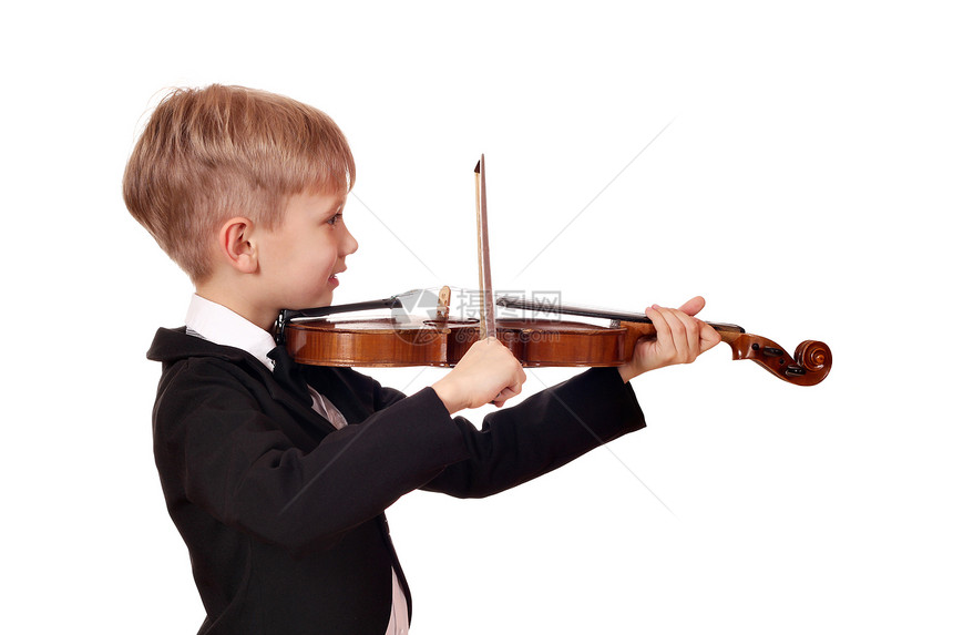 男孩小小提琴家青年白色燕尾服细绳微笑快乐孩子提琴手童年乐趣图片