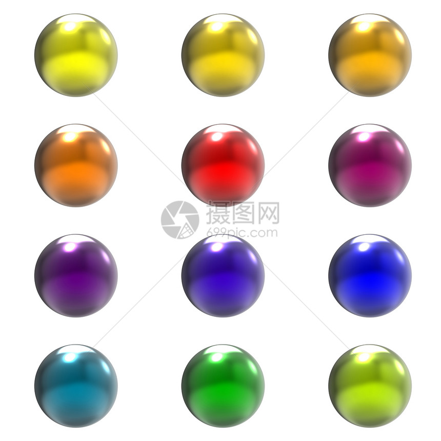 白色背景上孤立的铬金属不同颜色球组(球组)图片
