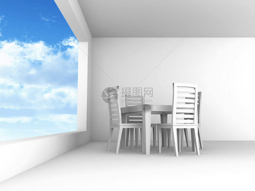 餐室用椅子和桌 在开着的窗口中以蓝天为蓝光色调房间公寓陈列柜场景入口桌子家具地面财产文化图片