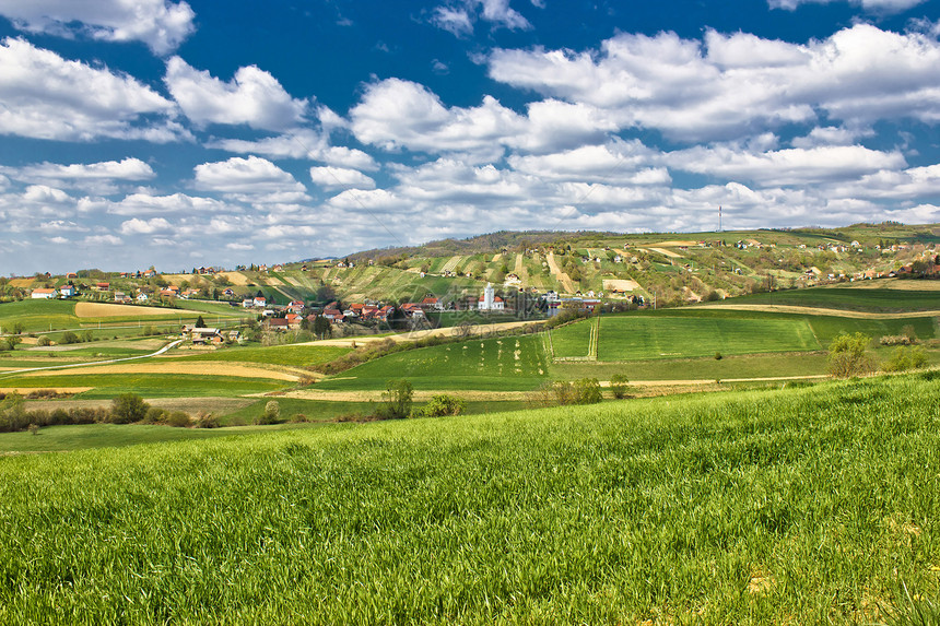 克罗地亚村美丽的青绿色春春地景色;图片
