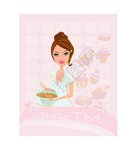 一盘子核桃美丽的女士烹饪饼干厨师插图蓝绿色女孩午餐厨房家庭主妇面团生活设计图片