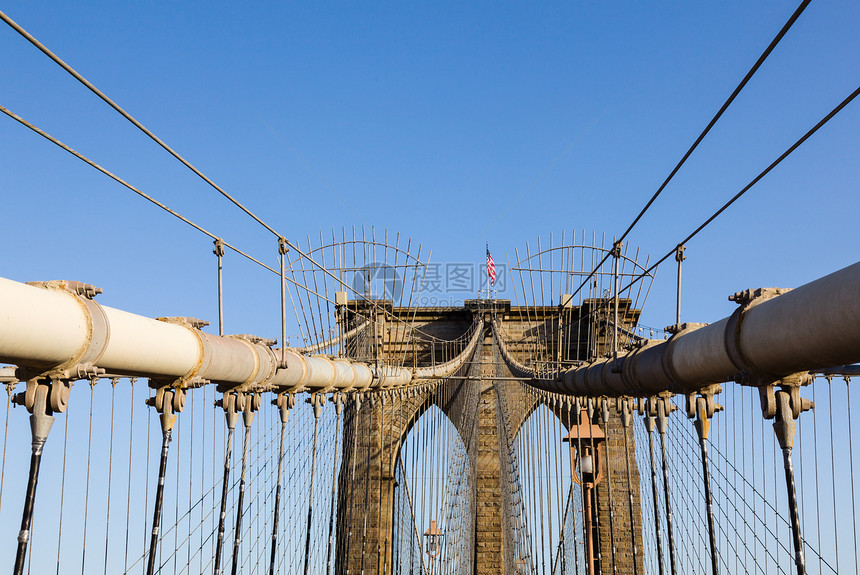 布鲁克林大桥停机详情码头天空建筑跨度电缆旗帜风景城市电线旅游图片
