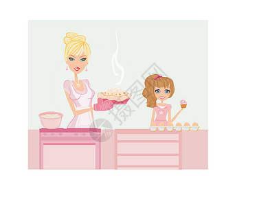 帮妈妈梳洗开心妈妈在厨房帮她女儿做蛋糕的幸福母亲设计图片