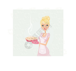 一盘子核桃美丽的女士烹饪蛋糕面糊家务厨师女孩快乐液体裙子主妇火炉家庭设计图片