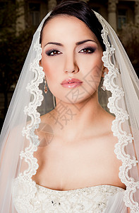 新娘肖像面纱婚礼黑发蕾丝白色女性婚姻裙子背景图片