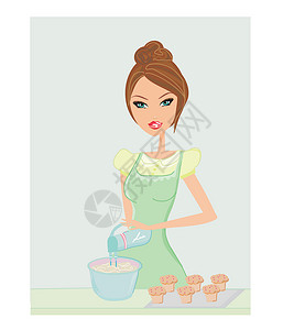 搅拌碗美丽的女士烹饪插图面糊奶油甜点女性快乐面团房子家务厨房设计图片