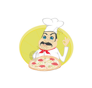 厨师和比萨饼工作烹饪炊具午餐工人插图卡片卡通片厨房餐厅背景图片