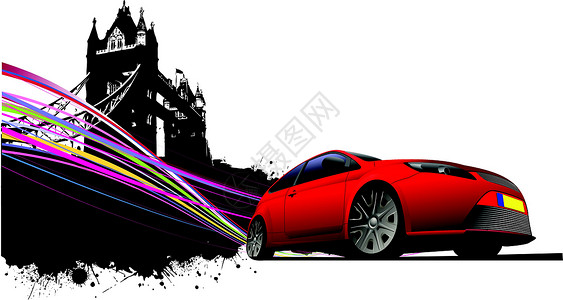摩托跑车伦敦塔桥上的伦敦和红色汽车摩托图像 矢量插图插画
