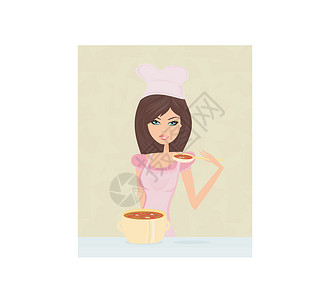 女孩拿着碗美丽的女士烹饪汤食物蛋糕鞭子生活房子勺子服务员沙漠家庭家务设计图片