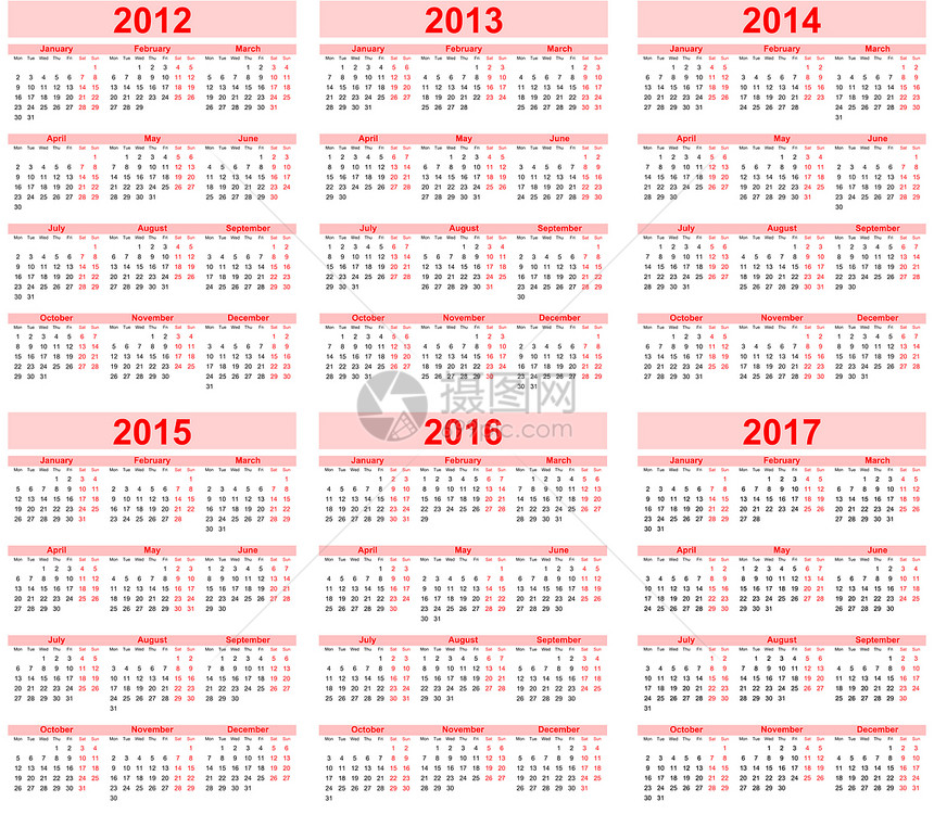 2012 年 2013 年 2014 年 2015 年 2016 年 2017 年日历红色艺术日程图片