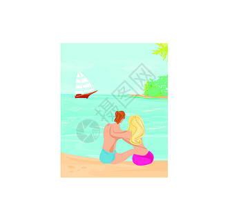 穿泳装情侣热带海滩上的情侣幸福假期手掌女士天堂享受男性休闲快乐女性设计图片