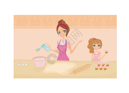 帮妈妈梳洗开心妈妈帮女儿在厨房做饭的幸福母亲面糊面团主妇房子插图女士家庭蛋糕家务女性设计图片