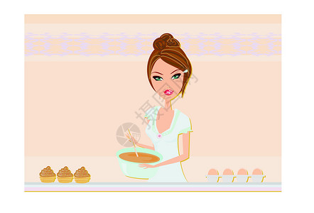 做糕点的女人美丽的女士做蛋糕主妇午餐围裙蓝绿色食物液体衣服勺子房子美食设计图片