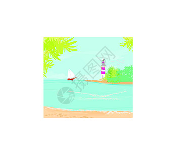 日本海岸线从一个小海滩上看见的灯塔岩石航行指导海岸线波浪蓝色阳光假期旅行光束插画