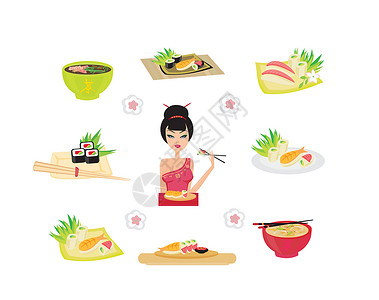 玉筋鱼寿司包饮食黄瓜玉子食物花朵海鲜厨房花瓣筷子美食插画