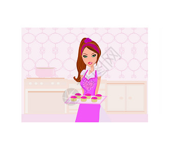 做蛋糕女人美丽的家庭主妇做蛋糕美食煎锅面糊食物厨师主妇家务勺子午餐围裙设计图片