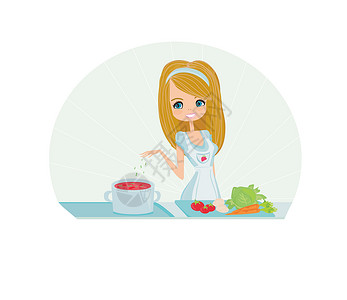 喝豆汤的女孩美丽的女士烹饪快乐房子蓝绿色家务裙子蛋糕火炉插图女孩主妇设计图片