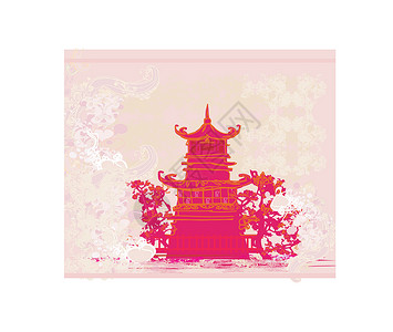 旧亚洲风貌纸植物天空花瓣文化日落花朵樱花寺庙建筑插图背景图片
